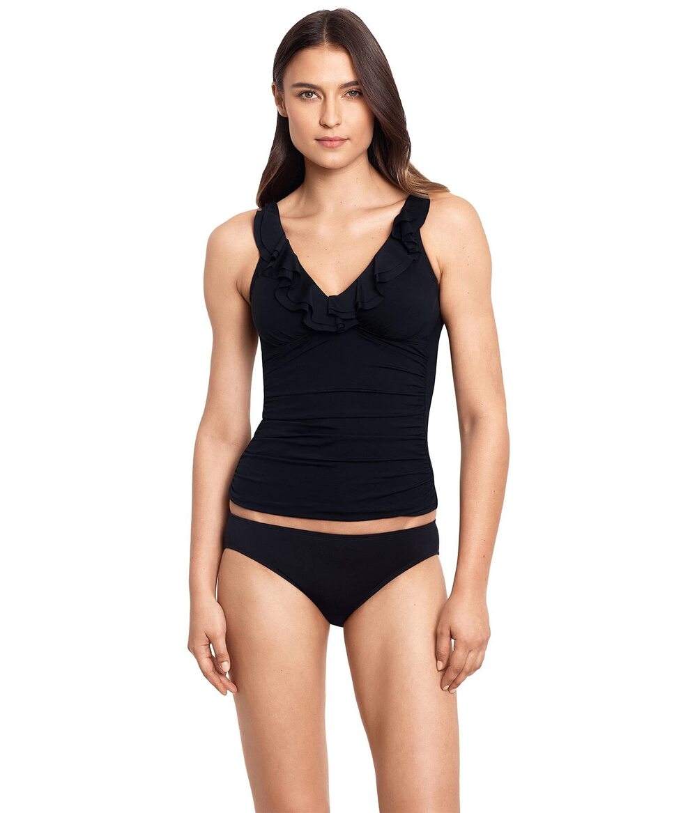 LAUREN Ralph Lauren Beach Club Solids RuffleTankini Black Size 10 NWT